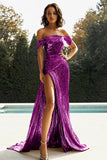 Vestido De Baile Dourado com Fenda Longo Fora do Ombro Cetim