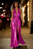 Gold Halter Metalizado Ruched Long Formal Dress wth Fenda
