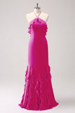 Halter Tahiti Sereia Chiffon Vestido Madrinha com Folhos