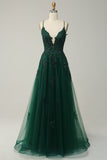 Verde A-Line Espaghetti Correias Tulle Long Prom Dress com Criss Cross Back