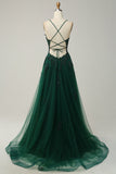 Verde A-Line Espaghetti Correias Tulle Long Prom Dress com Criss Cross Back