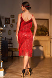 Vermelho 1920s Vestido Franjas Cintas de Espaguete