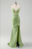 Sereia Verde Strapless Cut out Corset Long Prom Dress com Fenda