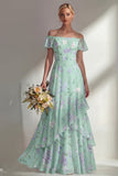Vestido longo de dama de honor verde A Line A Strip Estampado Floral com folhos