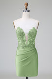 Verde escuro Deep V Neck Applique Cetim Mini Vestido Homecoming