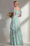 Vestido longo de dama de honor verde A Line A Strip Estampado Floral com folhos