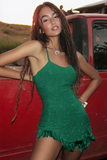 Sparkly Sequins Esparguete Branco Alças Tassel Vestido de Formatura