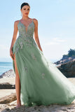 Verde A-Line Espaghetti Correias Tulle Long Prom Dress com Criss Cross Back