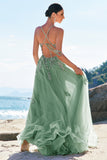 Verde A-Line Espaghetti Correias Tulle Long Prom Dress com Criss Cross Back