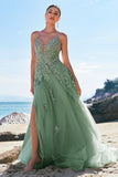 Verde A-Line Espaghetti Correias Tulle Long Prom Dress com Criss Cross Back