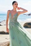 Verde A-Line Espaghetti Correias Tulle Long Prom Dress com Criss Cross Back