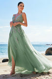 Verde A-Line Espaghetti Correias Tulle Long Prom Dress com Criss Cross Back