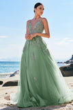 Verde A-Line Espaghetti Correias Tulle Long Prom Dress com Criss Cross Back