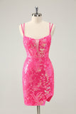 Lindo Hot Pink Bodycon Lace Up Glittler Vestido Curto Homecoming com Fenda