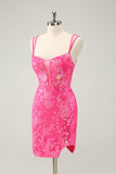 Lindo Hot Pink Bodycon Lace Up Glittler Vestido Curto Homecoming com Fenda