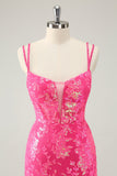 Lindo Hot Pink Bodycon Lace Up Glittler Vestido Curto Homecoming com Fenda