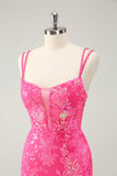 Lindo Hot Pink Bodycon Lace Up Glittler Vestido Curto Homecoming com Fenda