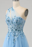 Vestido de baile de baile de lantejoulas azul claro A-Line One Shoulder com apliques