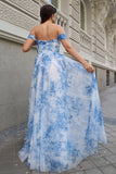 Flor azul branca fora do ombro A-Line vestido de dama de honra com fenda