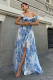 Flor azul branca fora do ombro A-Line vestido de dama de honra com fenda