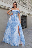 Flor azul branca fora do ombro A-Line vestido de dama de honra com fenda