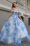 Flor azul branca fora do ombro A-Line vestido de dama de honra com fenda