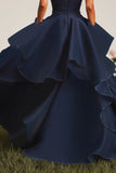 Vestido de Baile Longo Marinha Sem Alças e Linha-A com Folhos