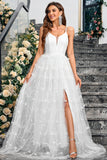 Branco A-Line Espaghetti Correias Appliques Tulle Long Wedding Party Dress com Fenda