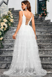 Branco A-Line Espaghetti Correias Appliques Tulle Long Wedding Party Dress com Fenda