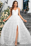 Branco A-Line Espaghetti Correias Appliques Tulle Long Wedding Party Dress com Fenda