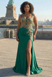 Vestido de Baile de Finalistas Longo com Contas de Sereia Verde-Escuro e Talha Grande, Vestido de Baile Longo com Fenda