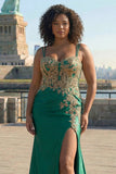 Vestido de Baile de Finalistas Longo com Contas de Sereia Verde-Escuro e Talha Grande, Vestido de Baile Longo com Fenda