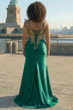 Vestido de Baile de Finalistas Longo com Contas de Sereia Verde-Escuro e Talha Grande, Vestido de Baile Longo com Fenda