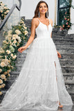 Branco A-Line Espaghetti Correias Appliques Tulle Long Wedding Party Dress com Fenda