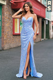 Brilhante azul claro sereia Sequins Prom Dress com fenda