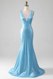 Glitter Azul V-neck Sereia Prom Dress