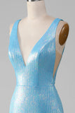Glitter Azul V-neck Sereia Prom Dress