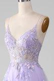 A-Line Sequins Vestido de baile roxo com bordado