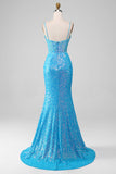 Esparguete Correias Azul Brilhante Corset Prom Dress com Fenda