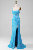 Esparguete Correias Azul Brilhante Corset Prom Dress com Fenda