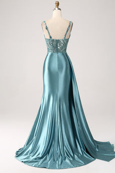 Sereia Azul V-Neck cetim longo apliques lantejoulas vestido de baile com fenda