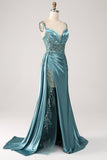 Sereia Azul V-Neck cetim longo apliques lantejoulas Vestidos De Cerimónia