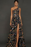 Vestido de Cerimónia Longo Floral Malva com Um Ombro e Fenda