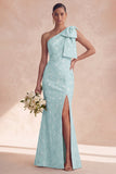 Vestido de dama de honor sereia floral de sálvia de um ombro