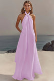 Vestido de Noivado Longo Sem Mangas com Decote Halter e Linha-A na cor Marfim