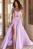 Vestido de Baile Longo com Alças Finas Rosa Linha-A e Fenda