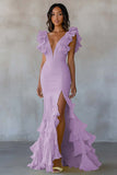 Sereia Amarela V-Neck Tiered Vestido Formal Longo com Folhos Fenda