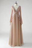 Blush Uma Linha V Pescoço Chiffon Mangas Longas Mãe do Vestido da Noiva com Missangas