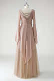 Blush Uma Linha V Pescoço Chiffon Mangas Longas Mãe do Vestido da Noiva com Missangas