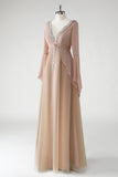 Blush Uma Linha V Pescoço Chiffon Mangas Longas Mãe do Vestido da Noiva com Missangas